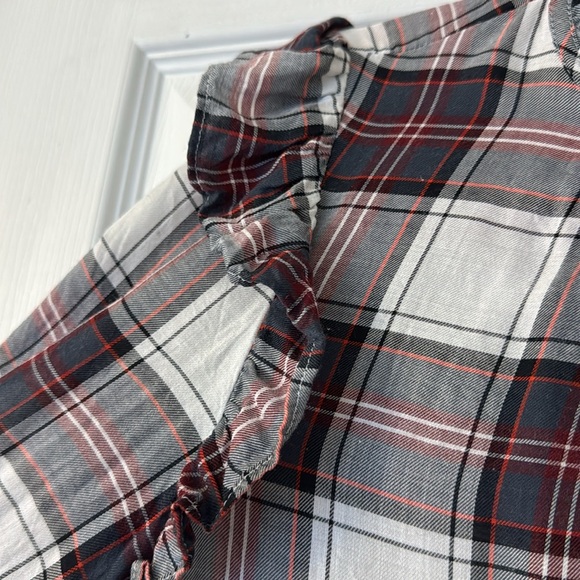 Loft Plaid Ruffle Button-Collar & Ruffle Shoulder Lightweight Blouse - Picture 3 of 4